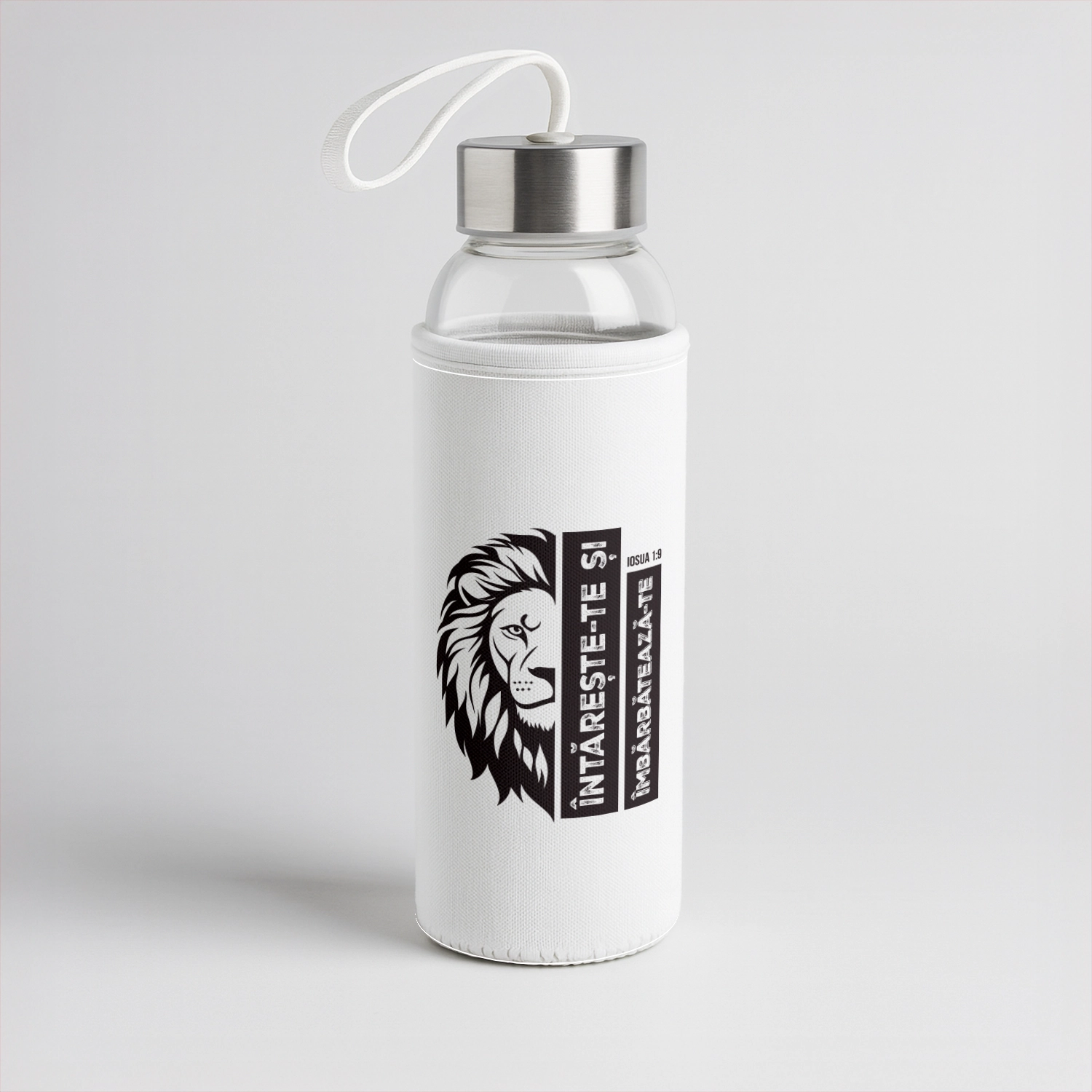 Bidon sticla cu husa textila, cu verset biblic - Iosua 1:9